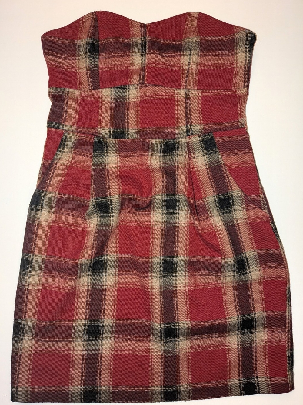 Solemio Juniors Red Plaid Strapless Casual Dress With 2 Pockets
